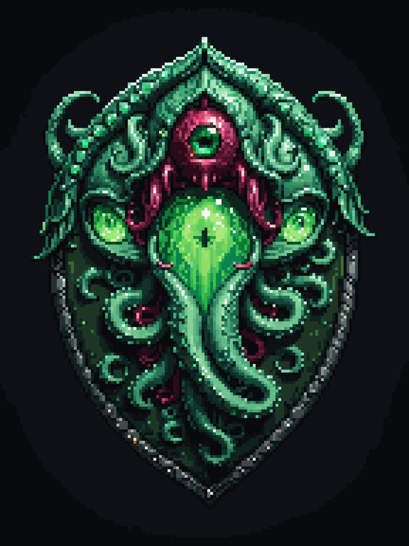 palettized-0180-2557787295-pixel art, cartoon illustration, tentacle green shield, lovecraft, Cthulhu, ruby gem eyes, simple black background, game icon _l.png